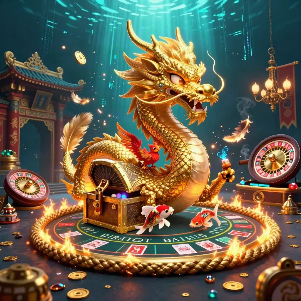 Golden dragon, phoenix, koi and casino props in a luxe underwater-lit slot scene.
