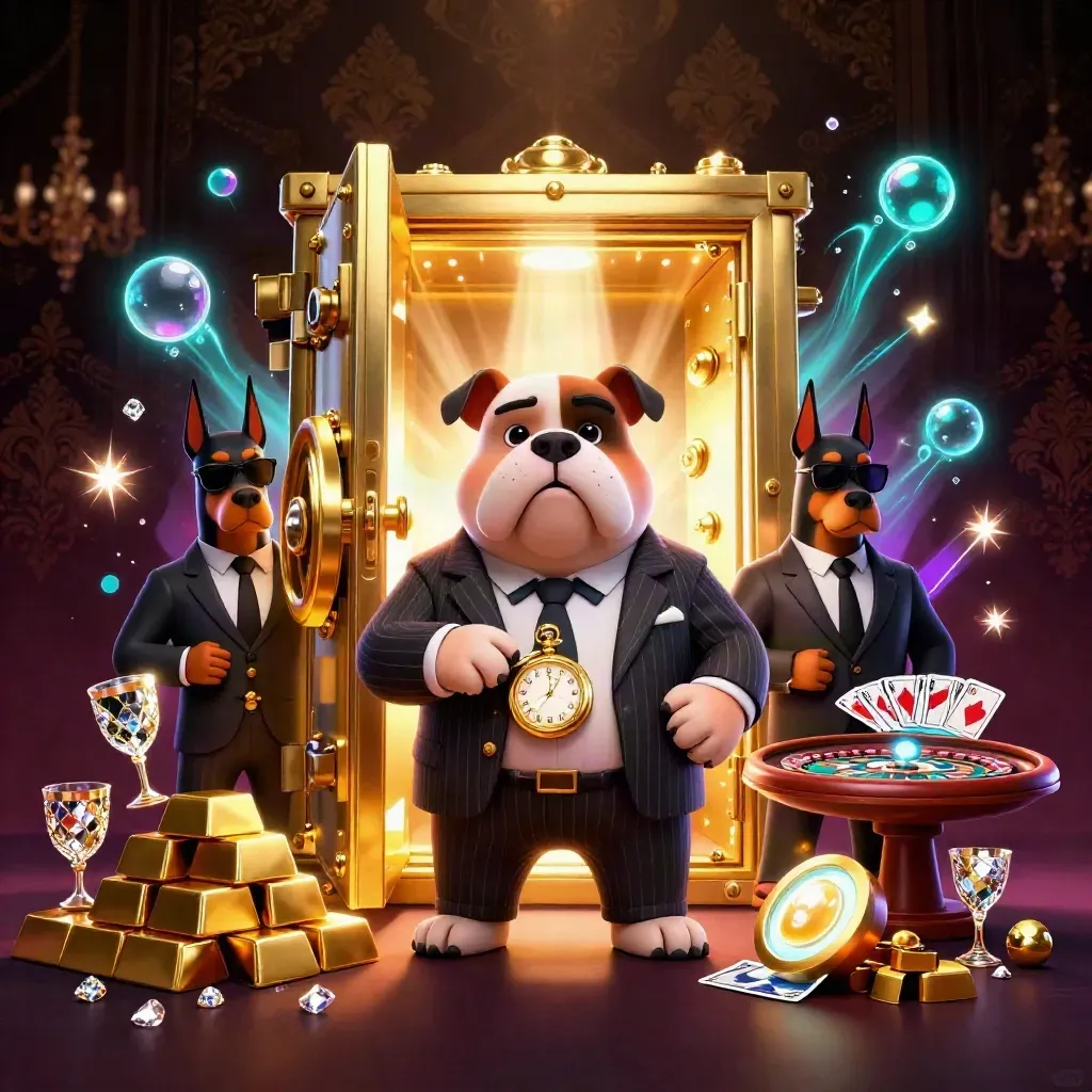 Bulldog boss and Dobermans in a glowing vault with gold bars, gems, roulette wheel, and casino lights.