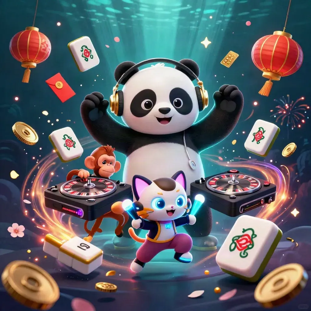 DJ panda, breakdancing monkey, and glow-stick kitten amid gold casino treasures and neon cyan magic.