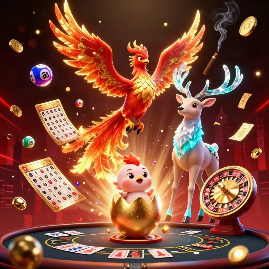 Fire phoenixes, crystal stag, and casino lights amid jackpot symbols and skyline glow.