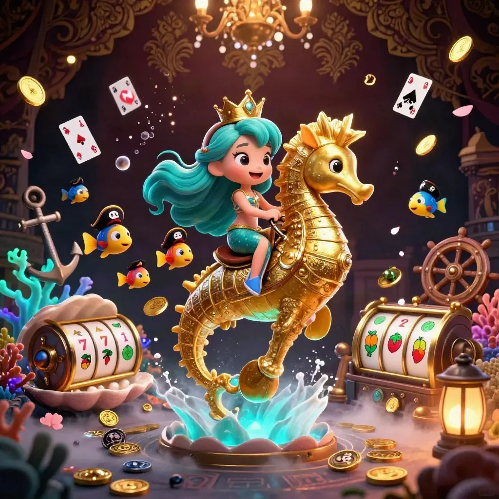 Mermaid princess on a golden seahorse amid treasure, coins, fish pirates, and glowing casino magic.