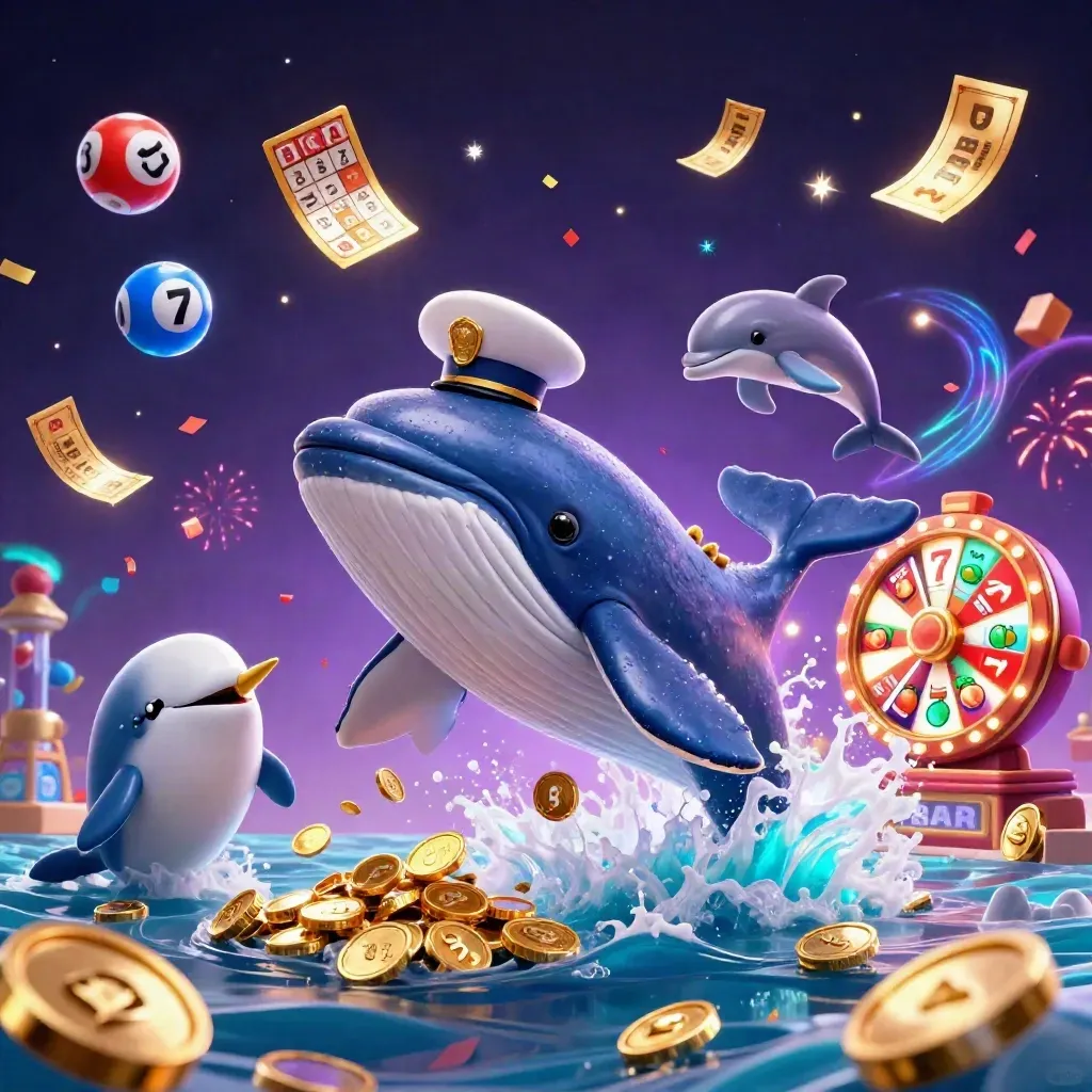 Whale captain, narwhal and dolphins burst from coins amid jackpots, reels, fireworks and neon sparks.