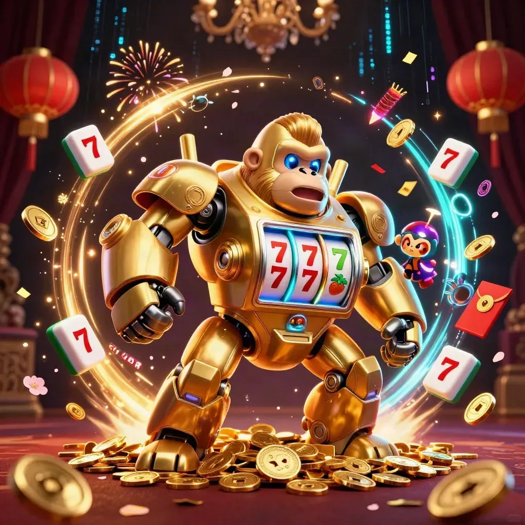 Golden gorilla mech with monkey pilot exploding from coins, lanterns, reels, and neon casino sparks.