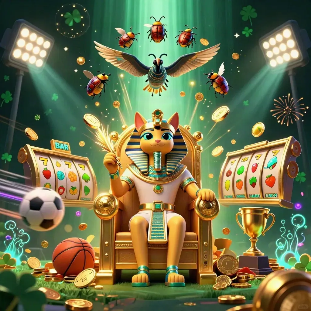 Pharaoh cat throne scene with coins, jackpots, sports balls, scarabs, and neon casino glow