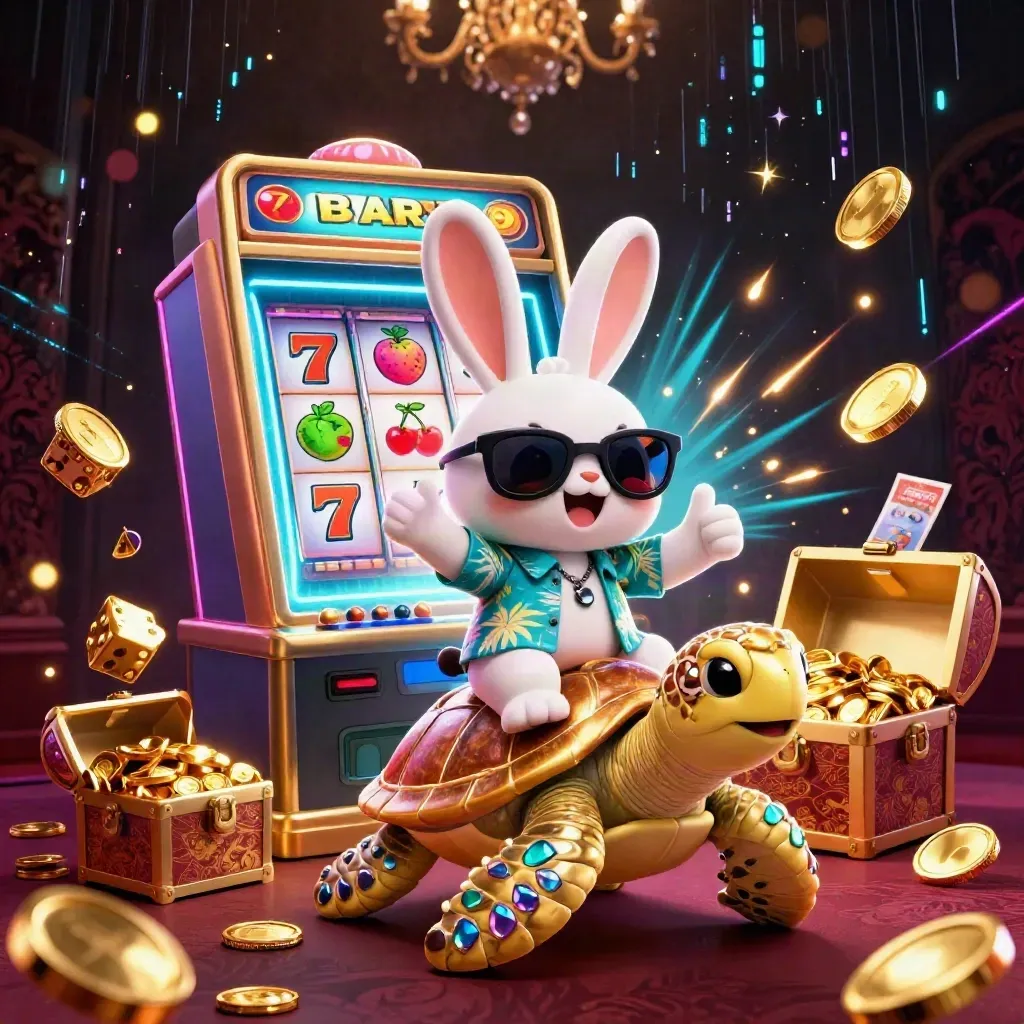 Lucky rabbit rides a golden sea turtle amid slot jackpots, coins, fireworks, and neon casino energy.