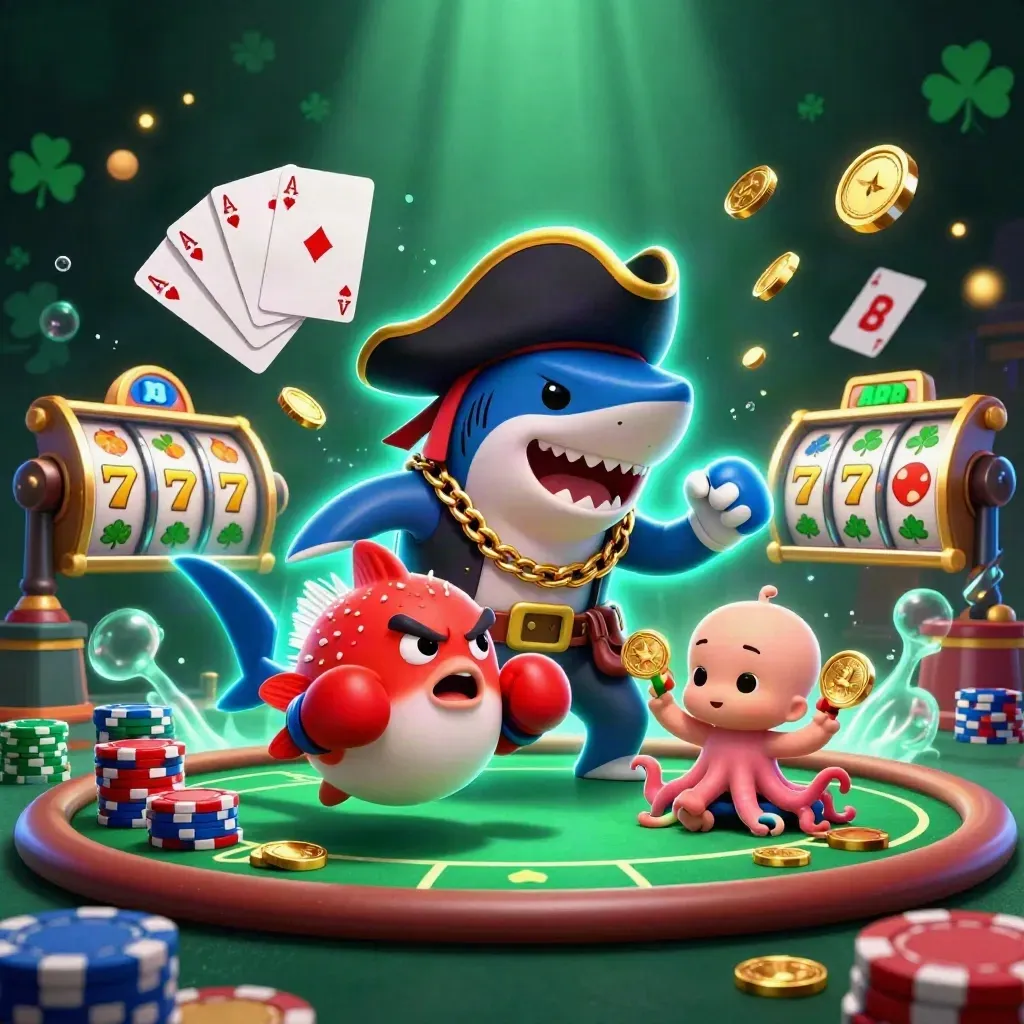 Pirate shark, boxing pufferfish, and coin-juggling octopus amid jackpot reels and chips.