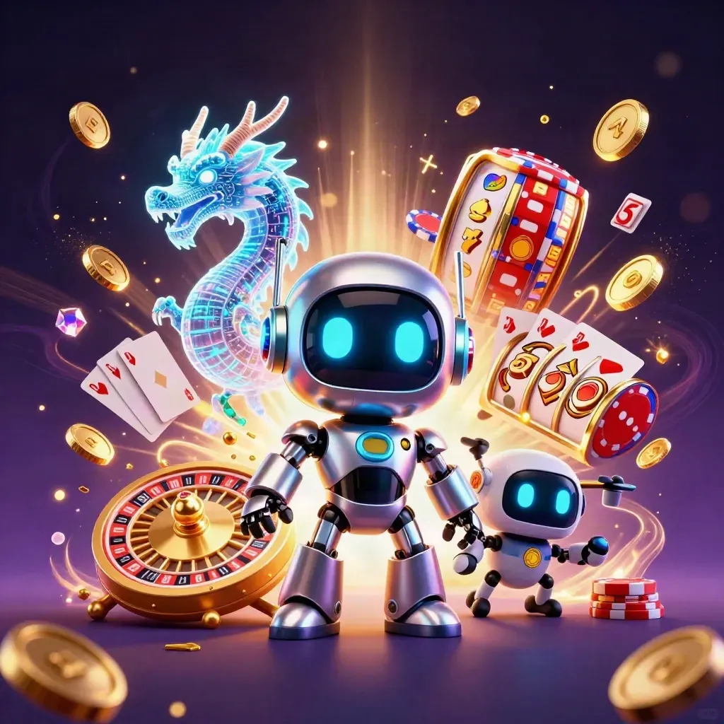 Chrome robot, holographic dragon, and coin drone amid jackpot coins, chips, cards, and neon casino glow.