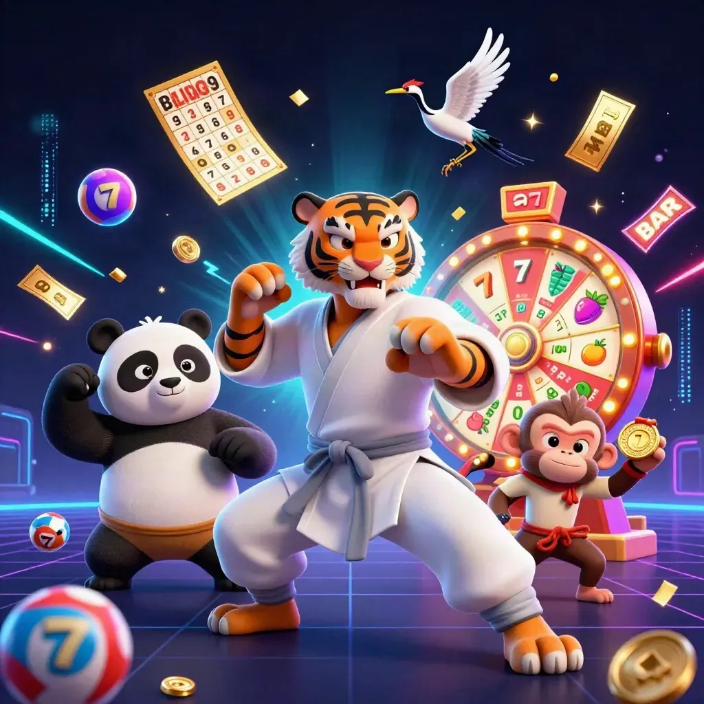Kung-fu tiger, panda, and monkey amid jackpot slots, balls, wheels, and neon casino effects.