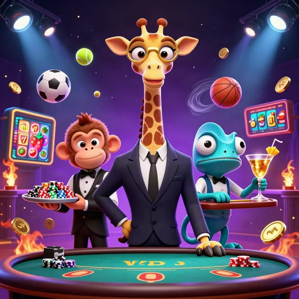 Giraffe high roller, monkey valet, and chameleon bartender amid casino props and neon energy.