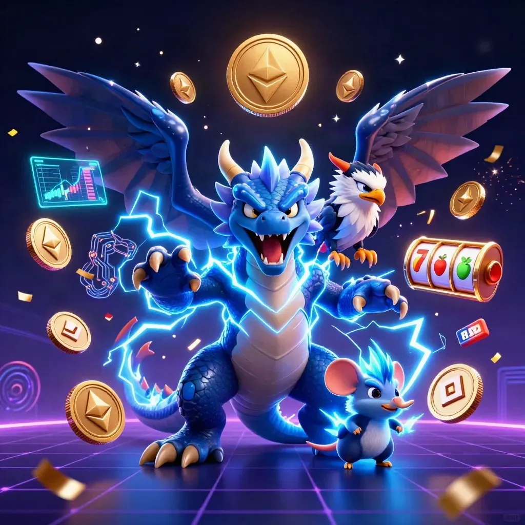 Thunder dragon, wind hawk and static mouse amid neon coins, reels and lightning on a dark casino backdrop.