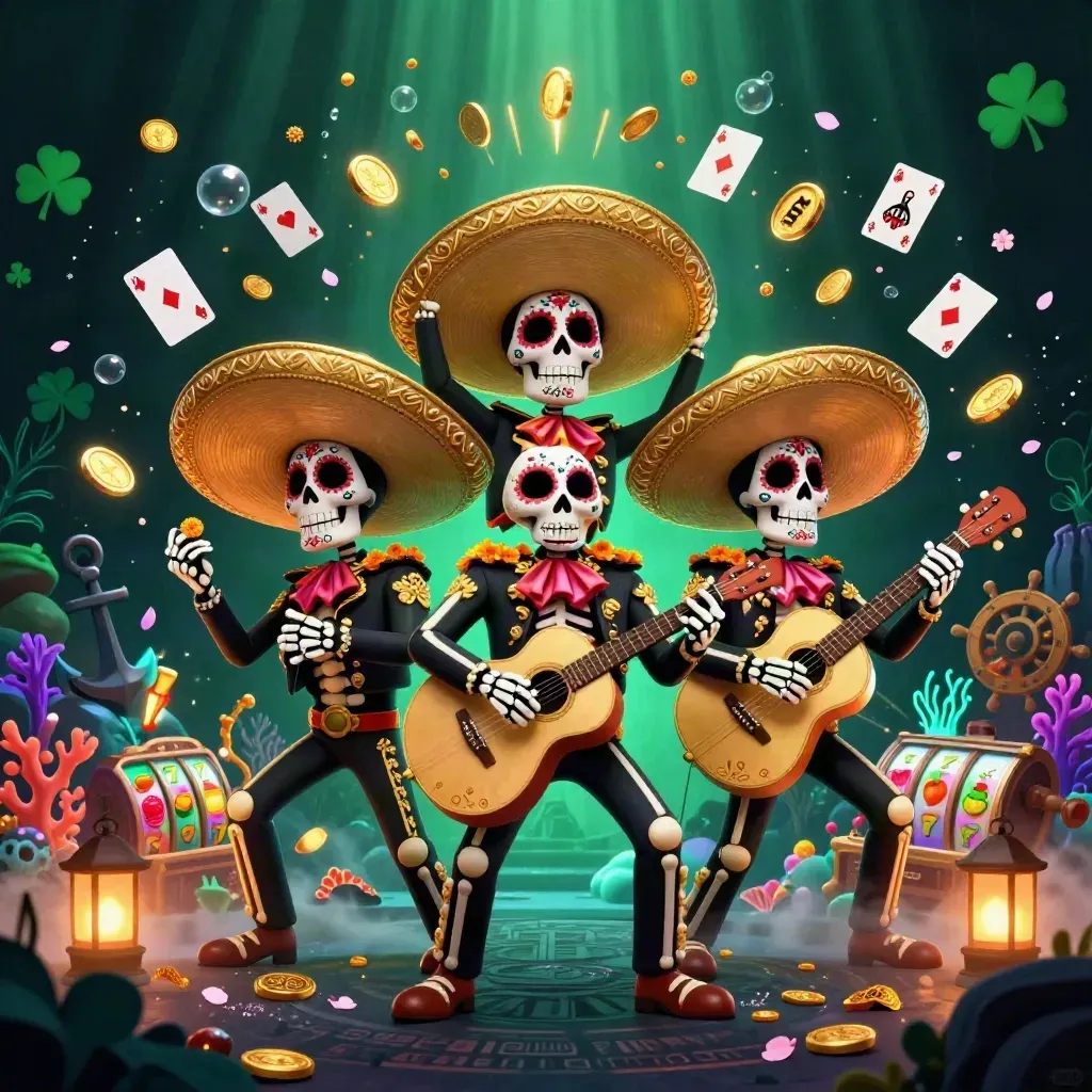 Three mariachi skeletons amid coins, coral, cards, and casino magic in a glowing treasure cove.