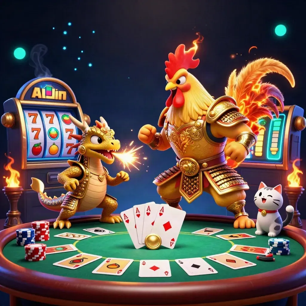 Rooster warrior, dragon hatchling, and fortune-cat amid casino chips, cards, and glowing slot symbols