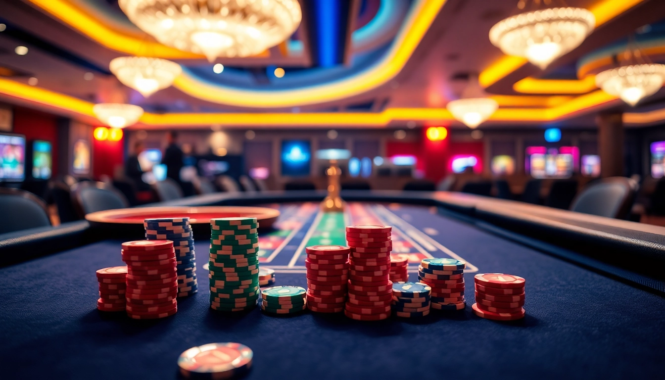 Engaging setup of an online casino Singapore real money scene with vibrant tables and chips.