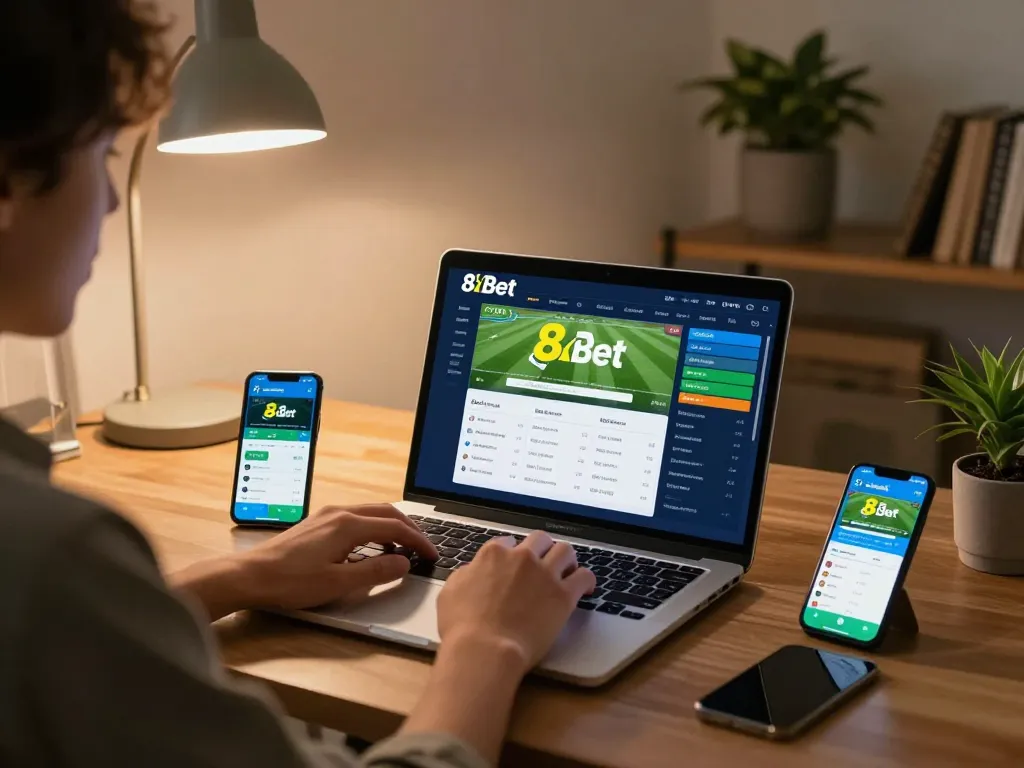 Engaging online sports betting scene featuring nhà cái 8xbet interface on laptop.