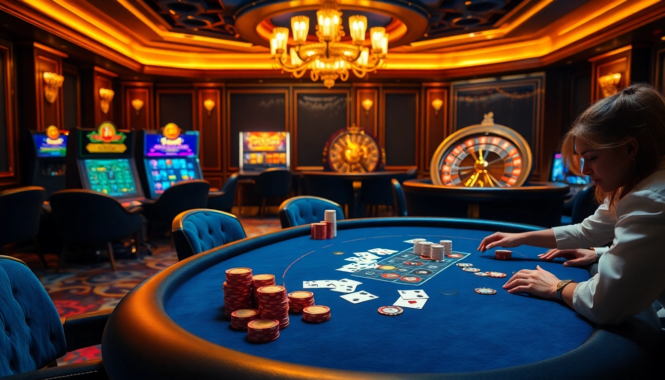 Sit at a glamorous casino table enjoying a situs slot demo experience with chips and cards.