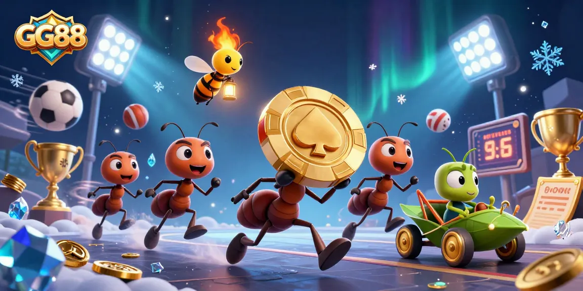 Win big with GG88 as cute cartoon ants carry a giant poker chip in a lively casino heist.