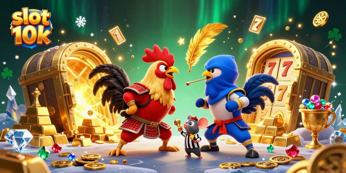 Experience thrilling action with slot 10k as roosters battle amidst gold and jewels in this dynamic casino scene.