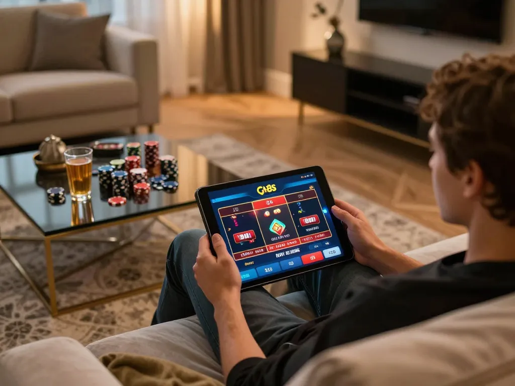 Engaging with go8s casino app on a tablet in a cozy home setting.