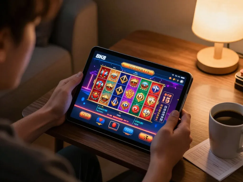 Player enjoying BK8 casino app on a tablet, showcasing responsible gambling in a cozy home setup.