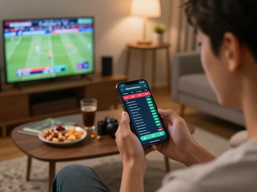 Kèo bóng đá hôm nay shown on mobile app as user studies sports betting odds, cozy living room atmosphere enhanced by warm lighting.