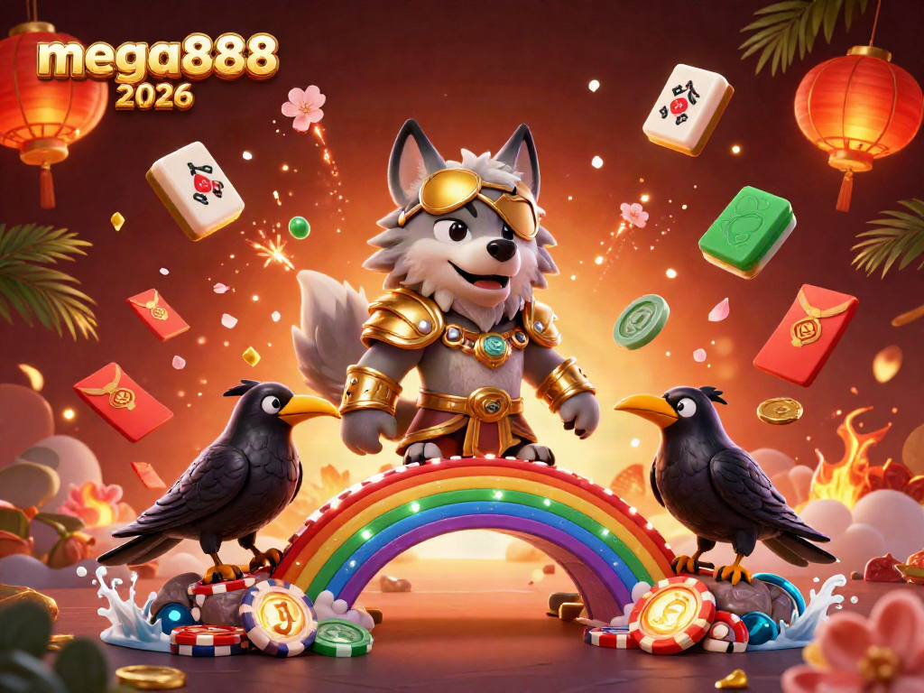 Experience the mega888 2026 adventure with Odin and his ravens amidst a vibrant casino scene.