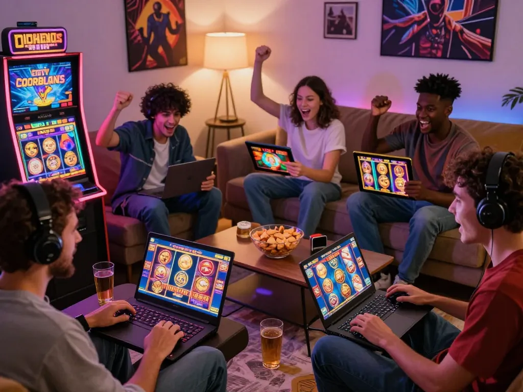Players excitedly enjoying zeus138 online slot games in a cozy living room.