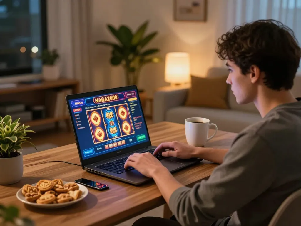 NAGA2000 player engaged in an online slot game at home, showcasing relaxed gaming atmosphere.