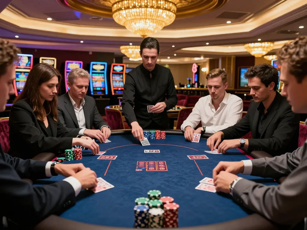 Players strategizing at a high-stakes poker table in the luxurious slot depo 5k casino.
