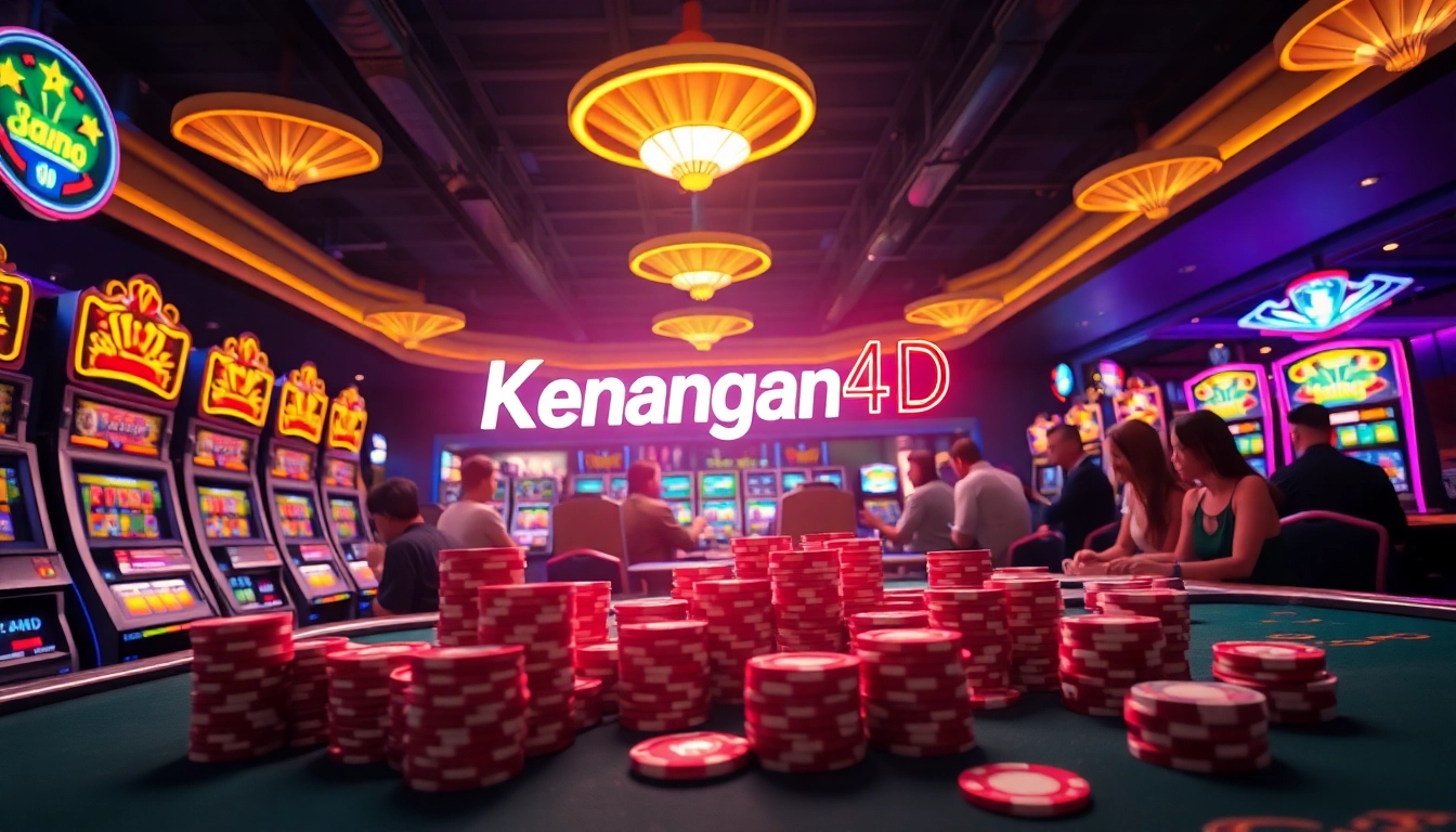 Kenangan4D neon sign brightening up an exciting casino scene with gaming tables.