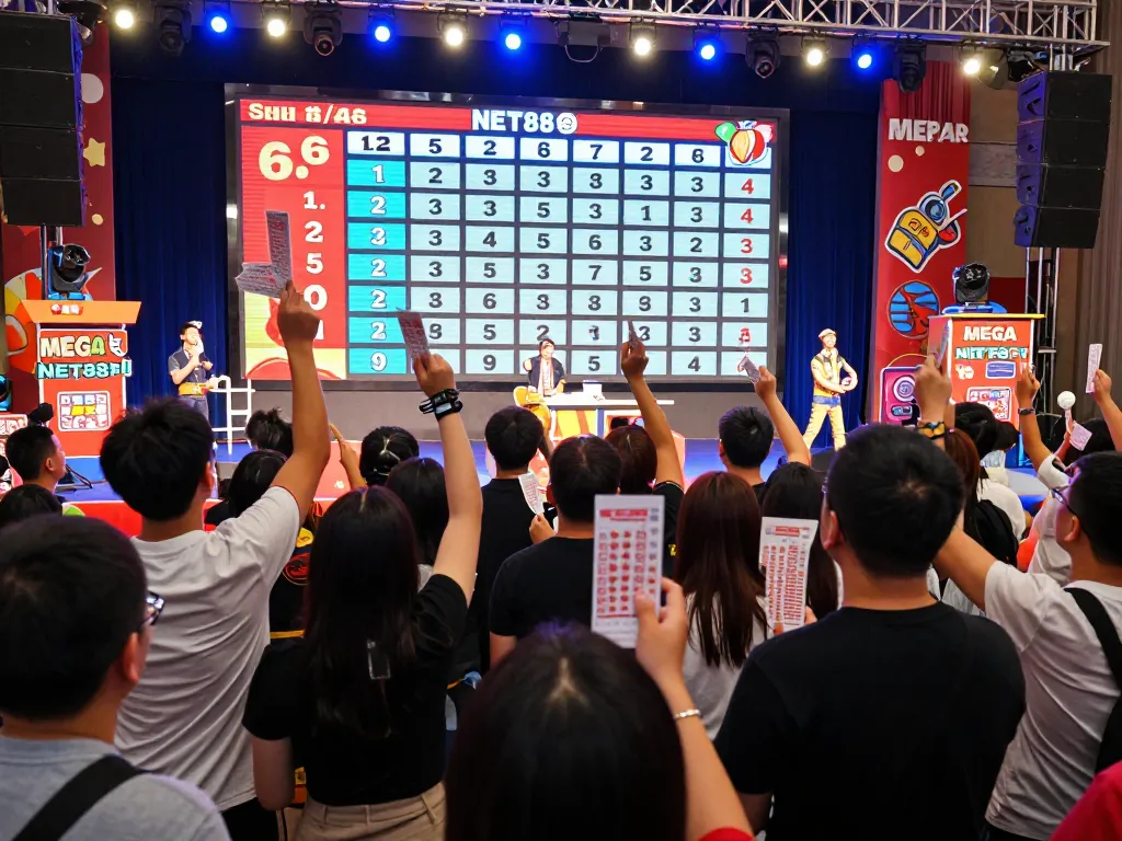 Watch participants eagerly engaging in Mega 6/45 NET88 lottery event with winning tickets held high.