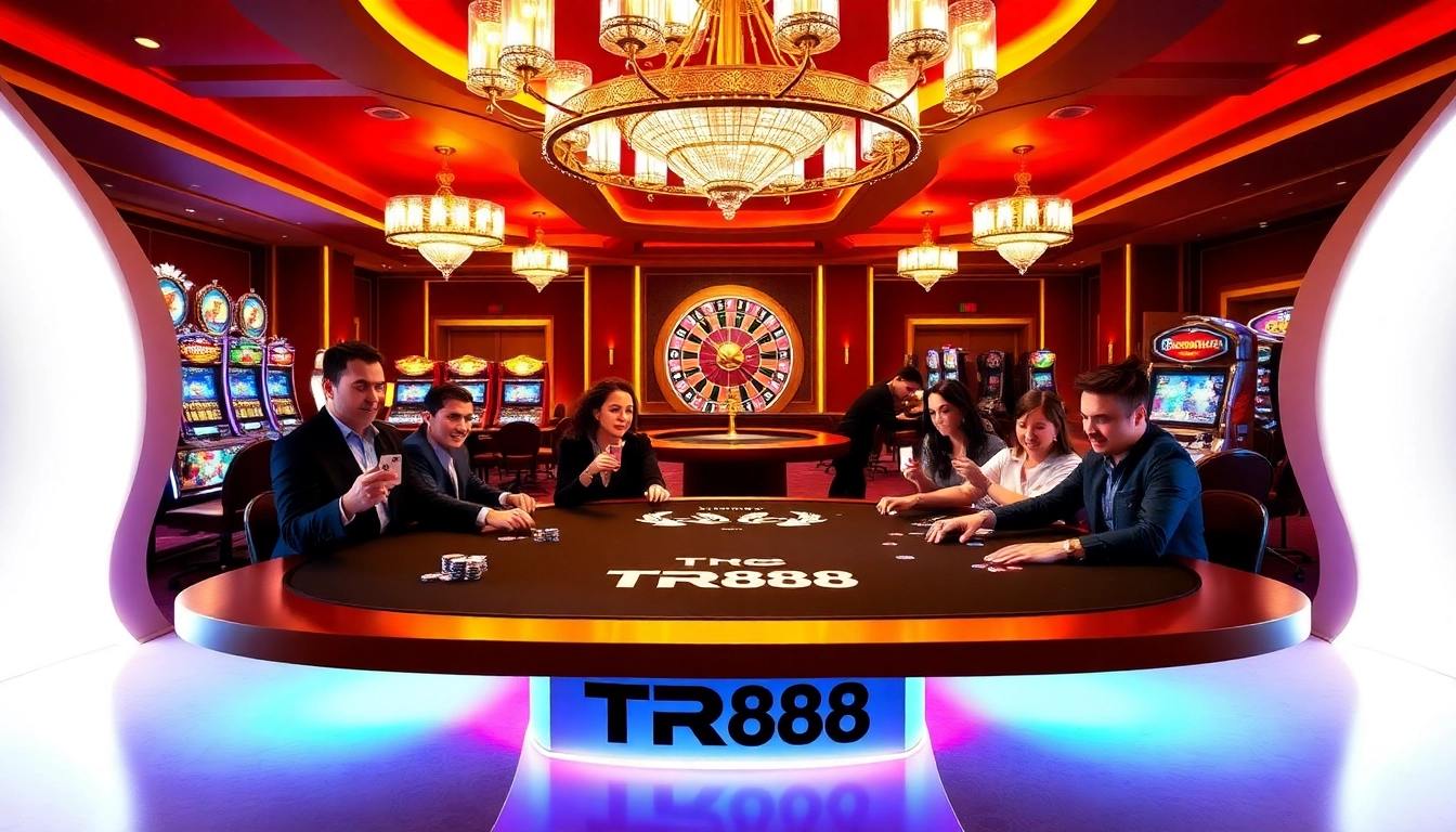 TR88 poker table at a vibrant casino featuring engaged players in a thrilling betting atmosphere.