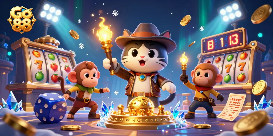 Action-packed scene of Go 88 explorer cat and companion revealing golden casino treasures amid dynamic slot reels.
