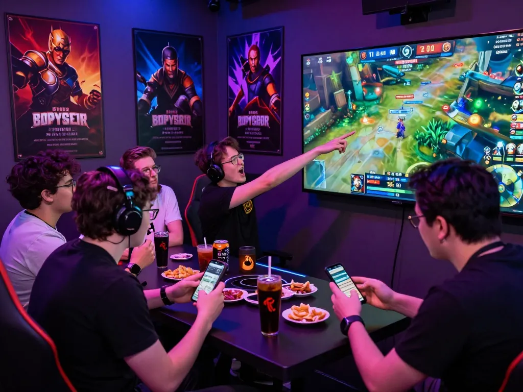 Dota 2 betting excitement in a lively esports lounge with friends watching a live match.