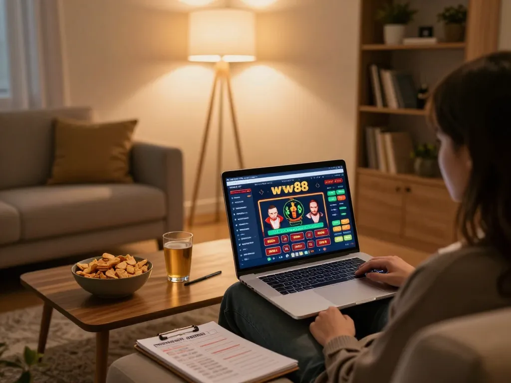Engaging online gambling session at nhà cái ww88 with cozy home setup and strategic planning