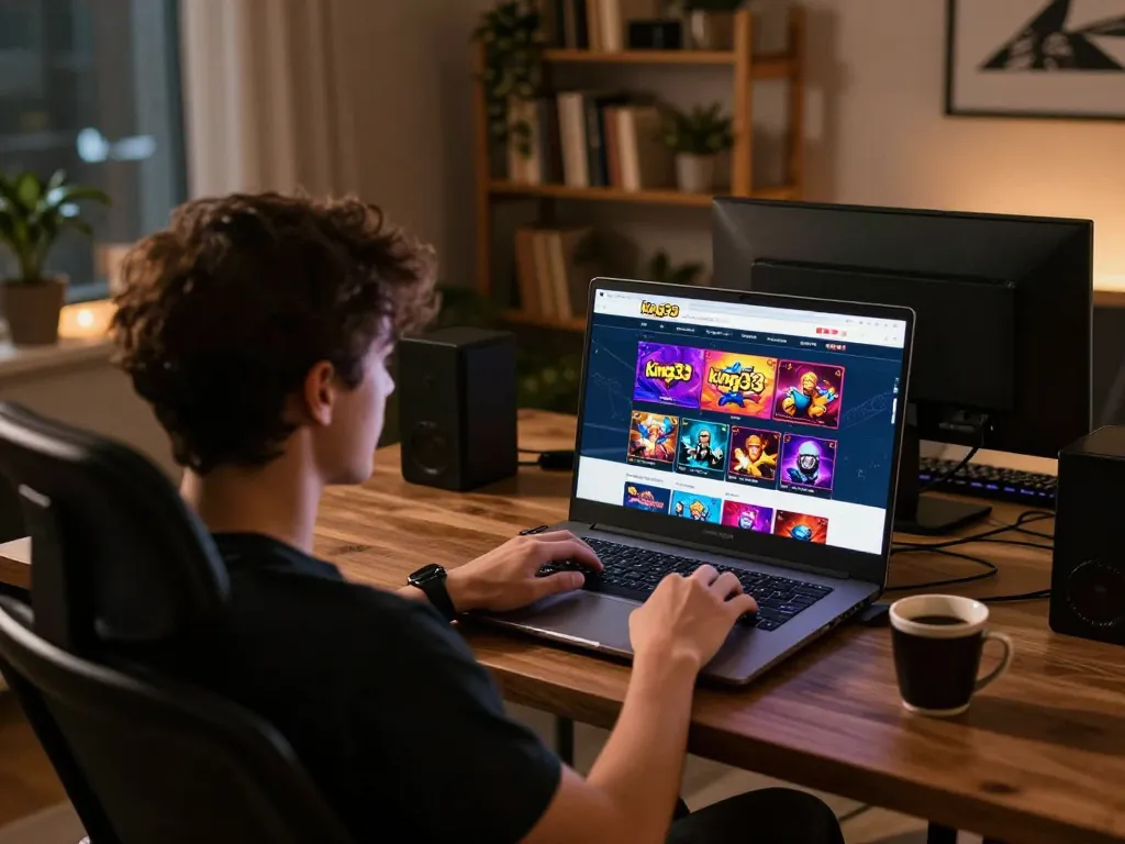 Person enjoying online gaming at king33 with a laptop in a cozy home office