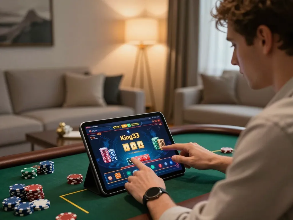 Player engaged with king33 online casino on tablet, showcasing digital gameplay.