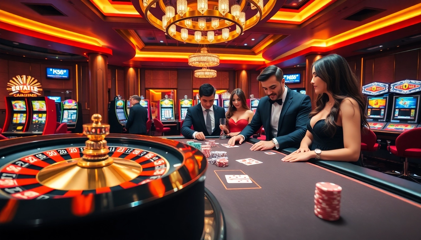 Gamble at NK88 with vibrant poker tables and glowing slot machines in a luxurious casino atmosphere.