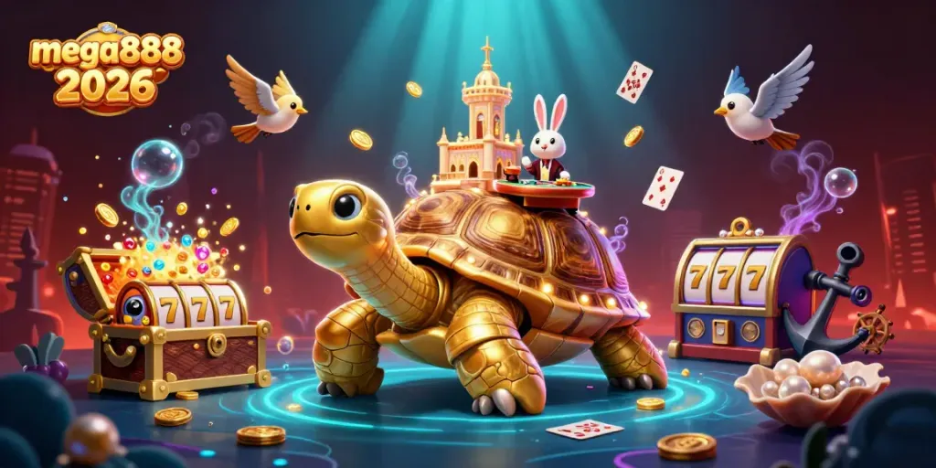 Engage in exciting gaming action with mega888 2026, featuring a golden tortoise casino and dynamic elements.
