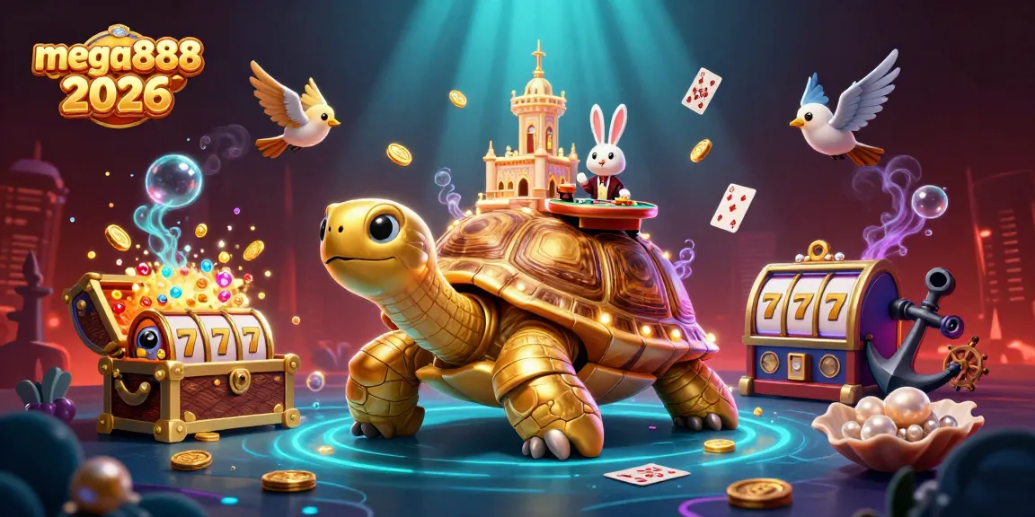 Engage in exciting gaming action with mega888 2026, featuring a golden tortoise casino and dynamic elements.
