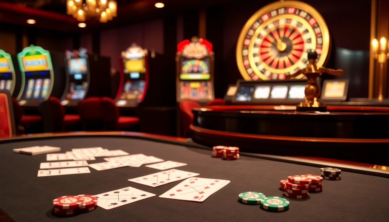 Engaging scene of online gambling with vibrant slot machines, poker table, and roulette wheel at Nhà Cái 68VIP Có Uy Tín.