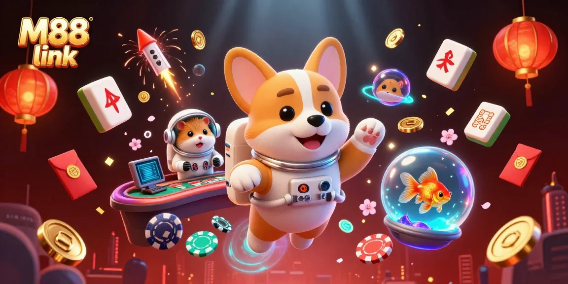 Experience the captivating M88 link in a vibrant casino scene with a corgi and friends.