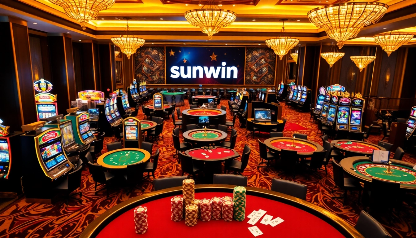 Experience the thrill of sunwin casino with vibrant gaming tables and luxury decor.