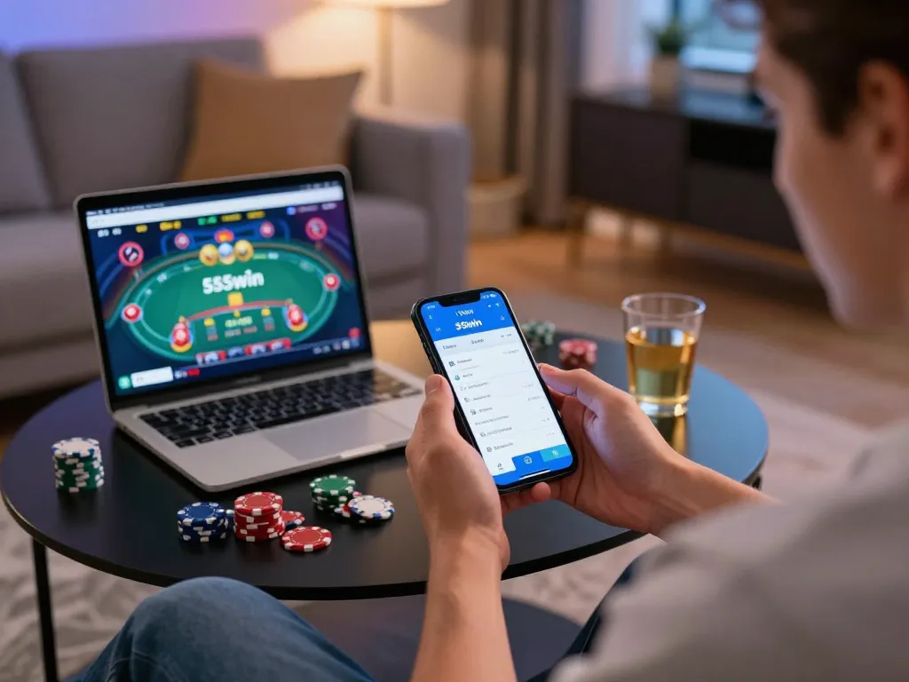 The app 555win is shown on a smartphone as a player enjoys online gambling in a cozy home setting.
