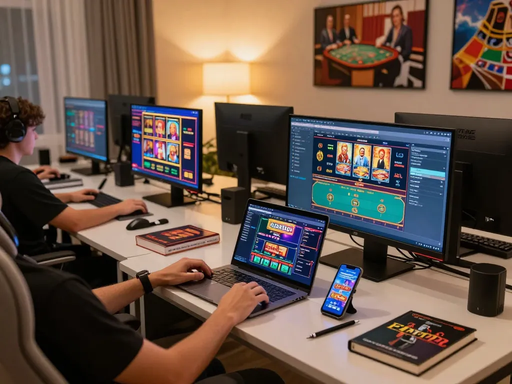 Engaging in strategic online gambling at a non Gamstop casino on multiple screens with a cozy ambiance.
