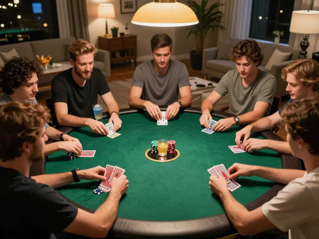 Engaging friends enjoying a poker game at home, showcasing the spirit of responsible gambling at https://mm88.blog/.