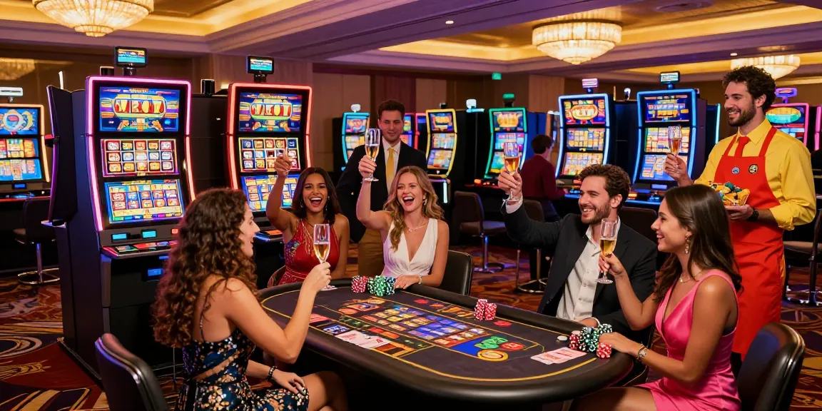 Celebrities celebrating at a Lucky777 casino slot machine with champagne and joyful expressions.