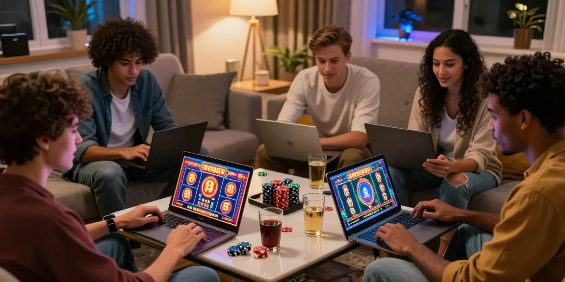 Engaging friends enjoying bonus buy slots at https://crownnorthill.co.uk/ in a lively living room setting.