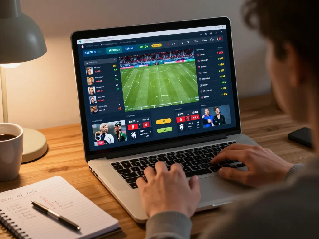 Live sports betting on a laptop showing kqbd updates and dynamic odds in a cozy home setting.