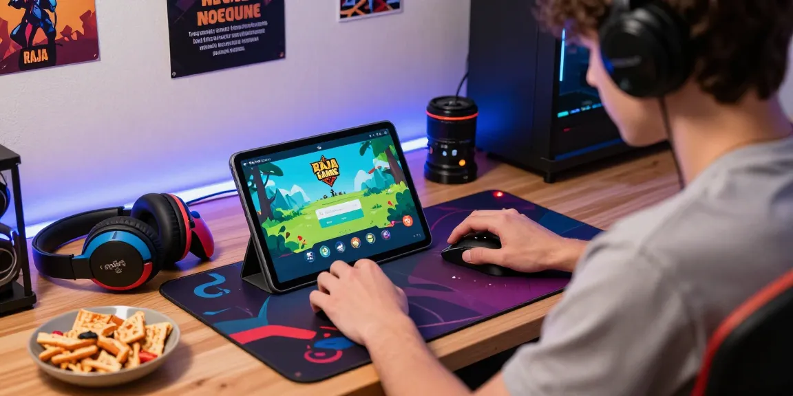 Engaged user at Raja Game login on tablet, cozy gaming setup with accessories.