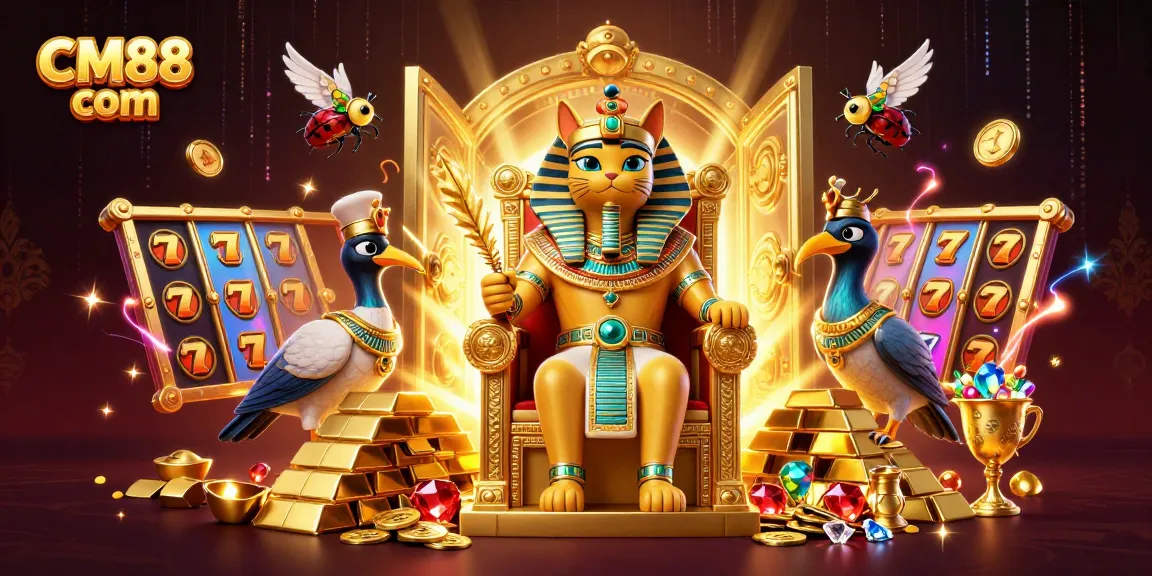 Experience excitement at CM88 com with the Egyptian pharaoh cat and gold treasure in this vibrant casino scene.